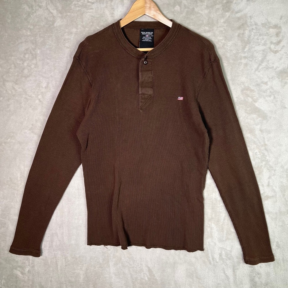 Vtg Polo Jeans Co. Ralph Lauren Brown Waffle Knit Henley XL Long Sleeve Y2K